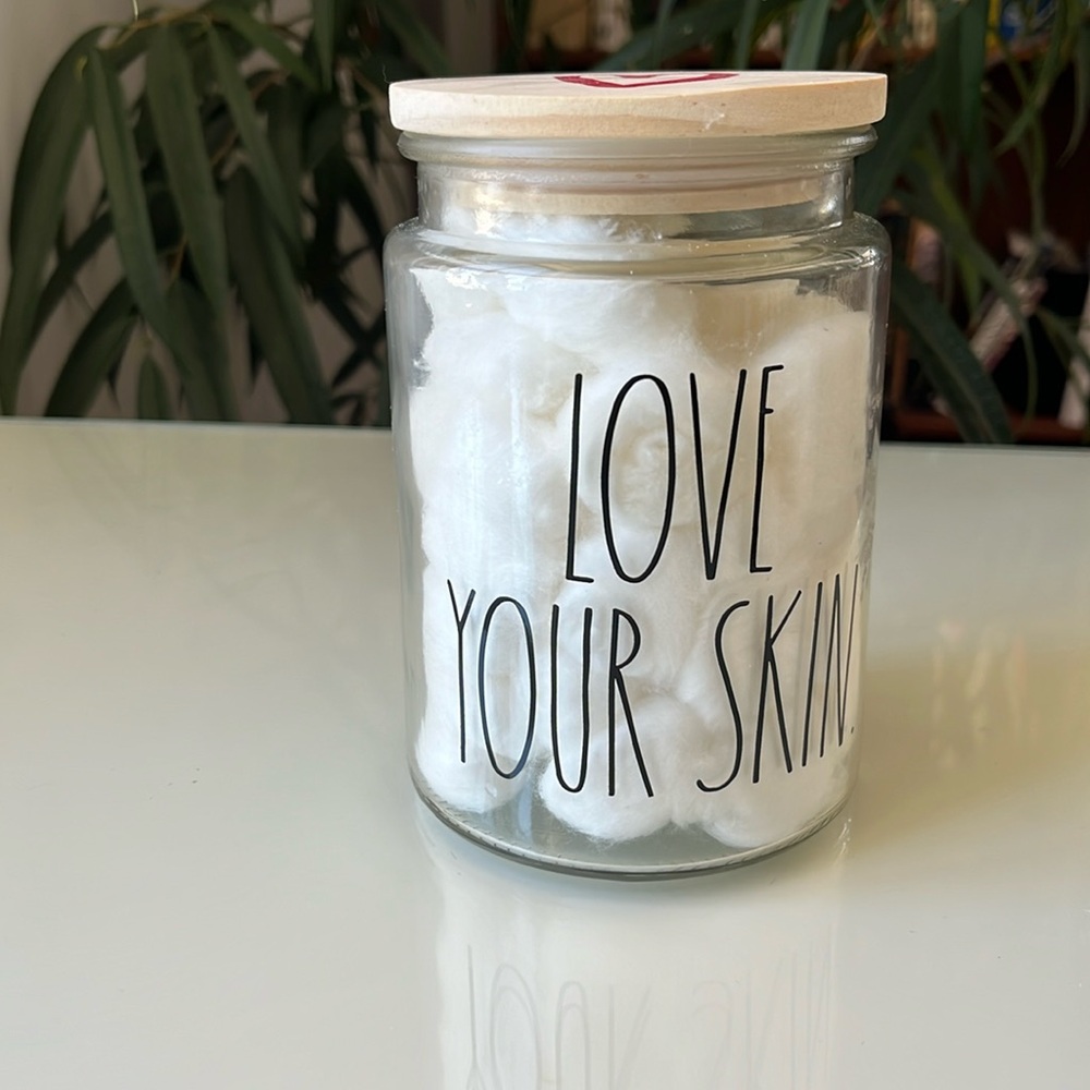 Rae Dunn Love Your Skin Bathroom QTip Cotton Ball Jar Organizer